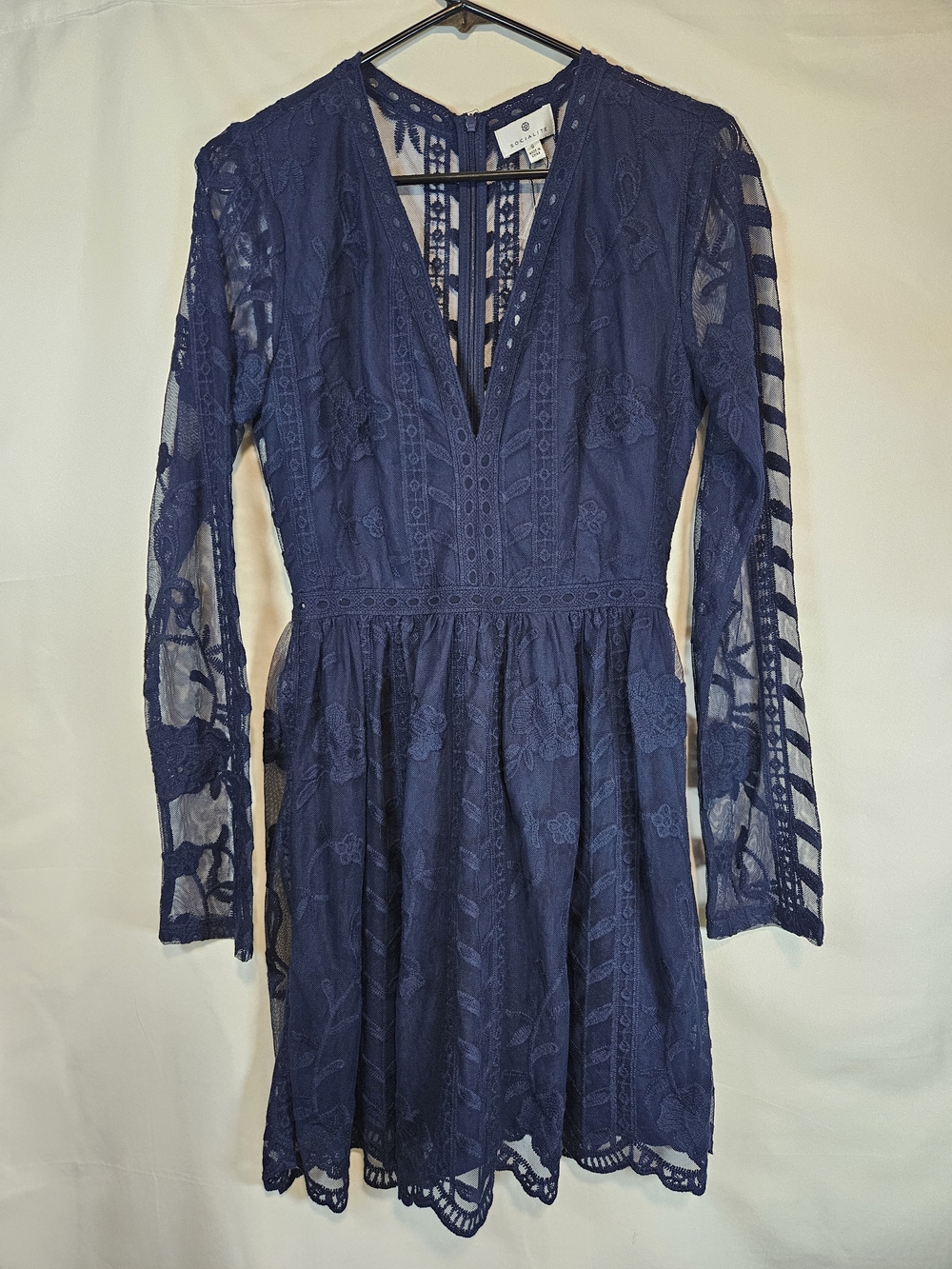 Socialite Navy Blue Lace Midi Dress with Sheer Long Sleeves
